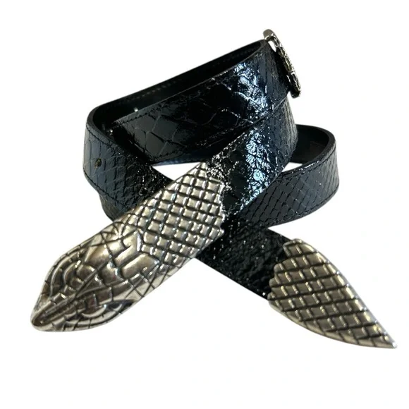 Avignon RARE Vintage Snake Belt Black Leather Silver Made in France M/L - Picture 1 of 13